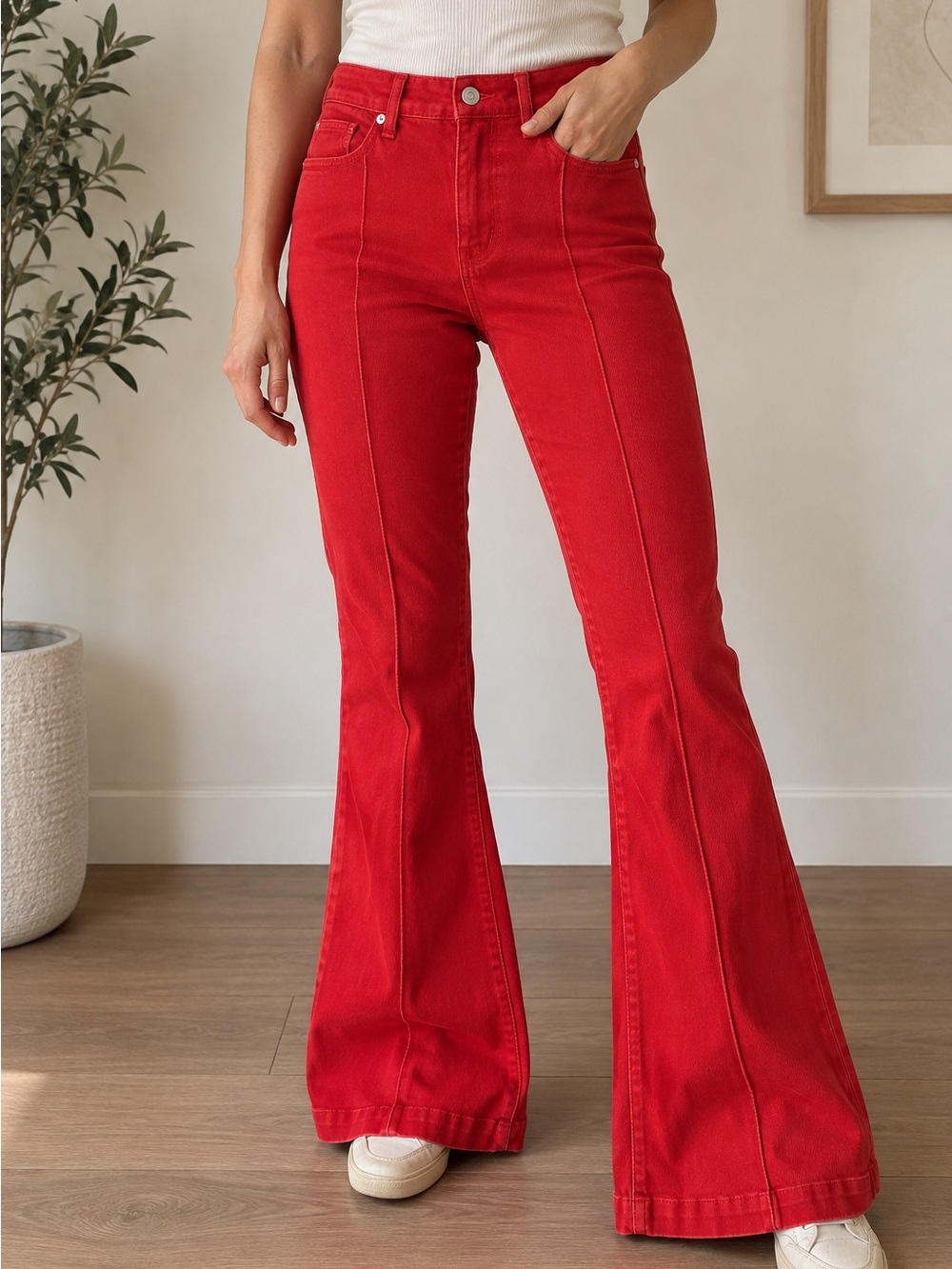 REVICE Red High Rise Pintuck Flare Jeans Size 28 Made in USA